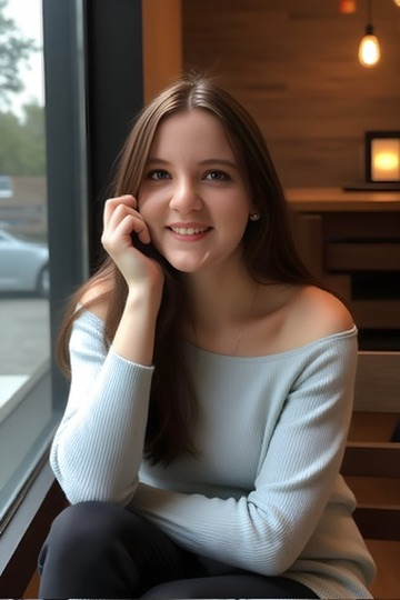 Kaitlyn at the window, a quiet smile