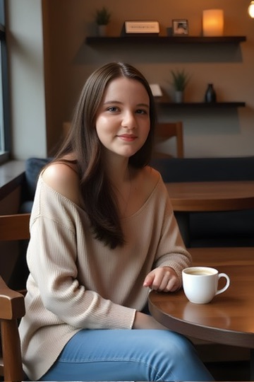 Kaitlyn at the kitchen table with a cup of coffee